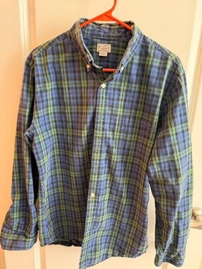 J Crew Men's Blue and Green Plaid Button-Down Shirt Size L